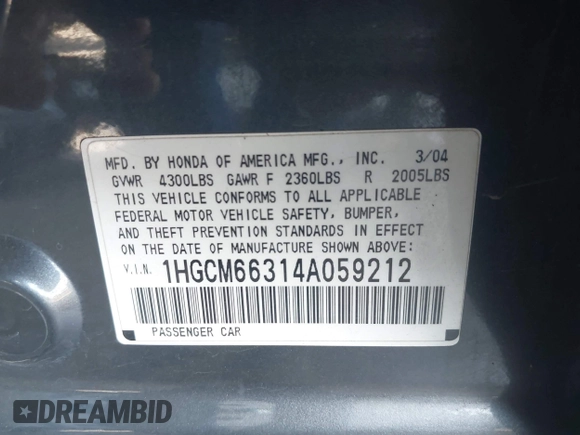 2004 Honda Accord LX with VIN 1HGCM66314A059212, listed as a IAAI auction lot 42403255 with 206,578 mi miles and . Bid and sale history available at DreamBid. Image 9.