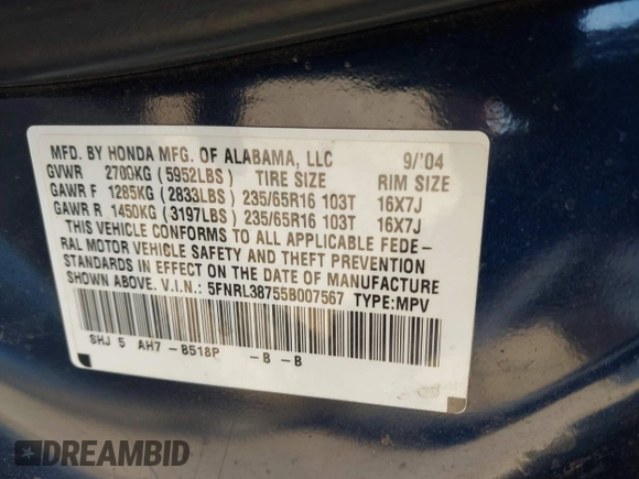 2005 Honda Odyssey EX-L with VIN 5FNRL38755B007567, listed as a IAAI auction lot 41952348 with 183,514 mi miles and . Bid and sale history available at carsss.com. Image 9.