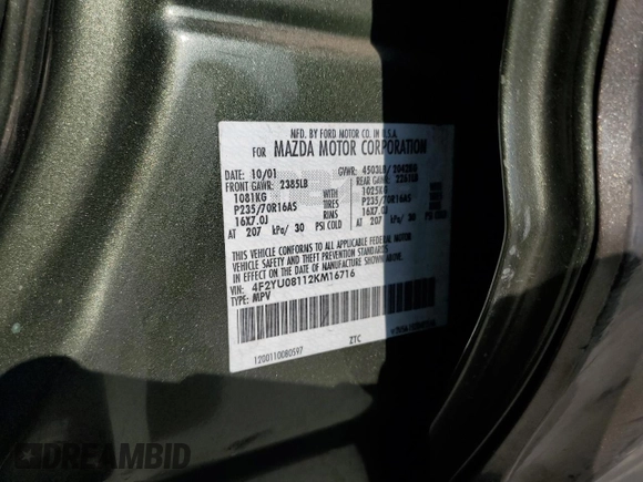 2002 Mazda Tribute LX with VIN 4F2YU08112KM16716, listed as a Copart auction lot 55095645 with 113,885 mi miles and Salvage Title. Bid and sale history available at DreamBid. Image 13.