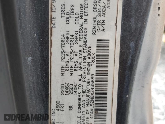 1999 Toyota Tacoma z VIN 4TAVL52N8XZ435689, wystawiony jako Copart lot #52162105 z przebiegiem 2 317 301 mil mil oraz Szkoda całkowita • Salvage title. Historia ofert i sprzedaży dostępna na DreamBid. Obrazek 12.