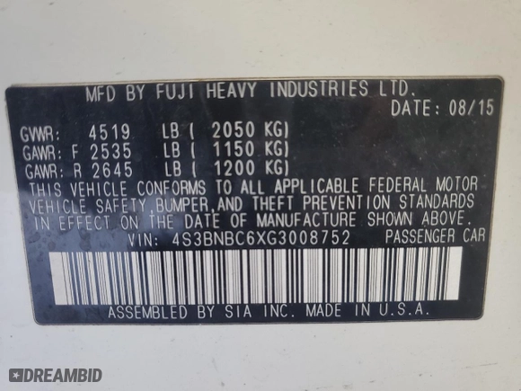 2016 Subaru Legacy 2.5i Premium with VIN 4S3BNBC6XG3008752, listed as a Copart auction lot 46098775 with 0 mi miles and Salvage Title. Bid and sale history available at carsss.com. Image 14.
