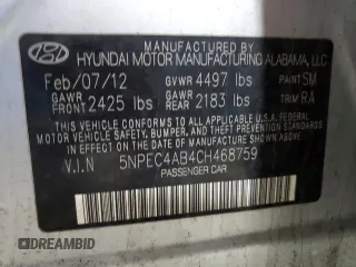 2012 Hyundai Sonata SE with VIN 5NPEC4AB4CH468759, listed as a Copart auction lot 46638145 with 111,375 mi miles and Salvage Title. Bid and sale history available at carsss.com. Image 12.