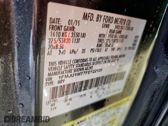 2015 Ford Expedition Platinum with VIN 1FMJU1MT7FEF22120, listed as a Copart auction lot 60683575 with 178,335 mi miles and Clean title. Bid and sale history available at DreamBid. Image 13.