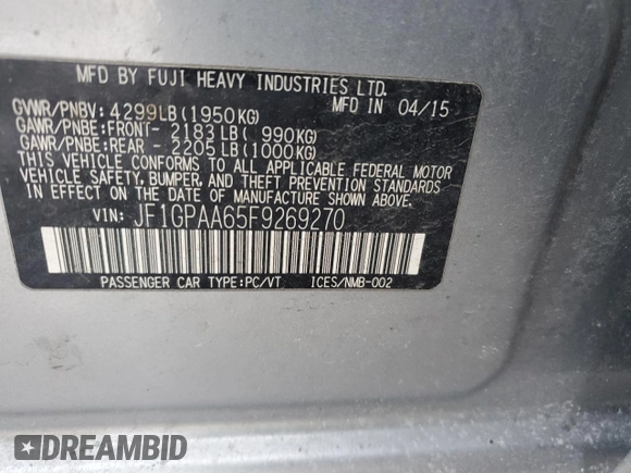 2015 Subaru Impreza 2.0i with VIN JF1GPAA65F9269270, listed as a Copart auction lot 88978045 with 108,580 mi miles and Salvage title. Bid and sale history available at DreamBid. Image 13.