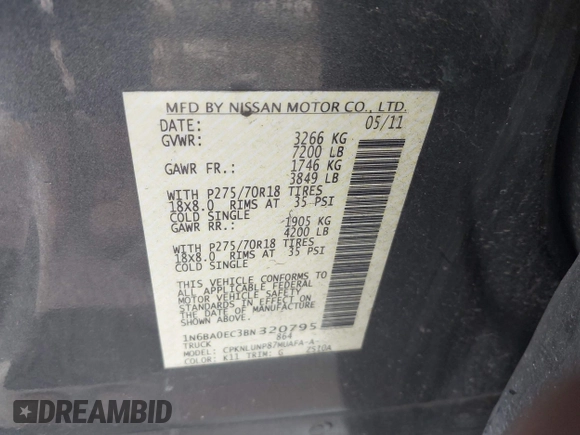 2011 Nissan Titan Pro-4X with VIN 1N6BA0EC3BN320795, listed as a IAAI auction lot 41868113 with 183,919 mi miles and . Bid and sale history available at DreamBid. Image 9.