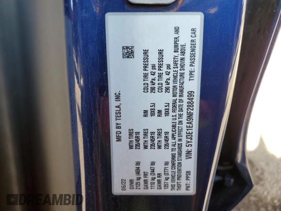 2022 Tesla Model 3 with VIN 5YJ3E1EA9NF288499, listed as a Copart auction lot 52202955 with 86,372 mi miles and Clean Title. Bid and sale history available at DreamBid. Image 12.