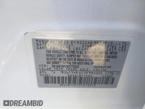 2017 Nissan Sentra SV with VIN 3N1AB7AP7HY275243, listed as a IAAI auction lot 41879389 with 40,157 mi miles. Bid and sale history available at carsss.com. Image 9.