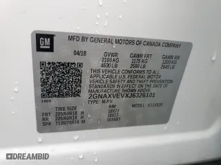 2018 Chevrolet Equinox Premier with VIN 2GNAXVEVXJ6326101, listed as a Copart auction lot 84187174 with 47,177 mi miles and Salvage Title. Bid and sale history available at carsss.com. Image 15.