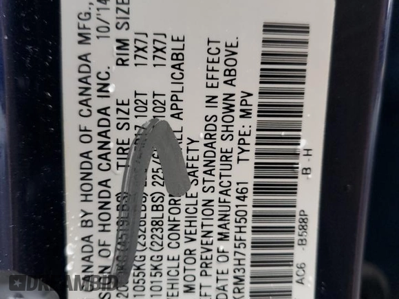 2015 Honda CR-V EX-L with VIN 2HKRM3H75FH501461, listed as a Copart auction lot 85901324 with 105,650 mi miles and Salvage Title. Bid and sale history available at carsss.com. Image 15.