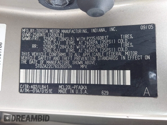 2006 Toyota Sienna XLE with VIN 5TDZA22C76S393704, listed as a IAAI auction lot 42062448 with 170,735 mi miles. Bid and sale history available at carsss.com. Image 9.