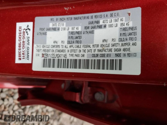 2018 Mazda 3 Touring with VIN 3MZBN1V33JM241145, listed as a Copart auction lot 46646745 with 58,505 mi miles and Salvage Title. Bid and sale history available at DreamBid. Image 13.