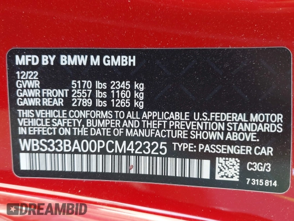 2023 BMW M4 Competition xDrive z VIN WBS33BA00PCM42325, wystawiony jako IAAI lot #42029574 z przebiegiem 22 610 mil mil oraz . Historia ofert i sprzedaży dostępna na DreamBid. Obrazek 9.