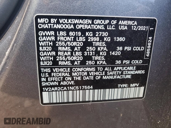 2022 Volkswagen Atlas 3.6L V6 SEL R-Line with VIN 1V2AR2CA1NC517564, listed as a Copart auction lot 88488245 with 80,121 mi miles and Salvage Title. Bid and sale history available at carsss.com. Image 13.