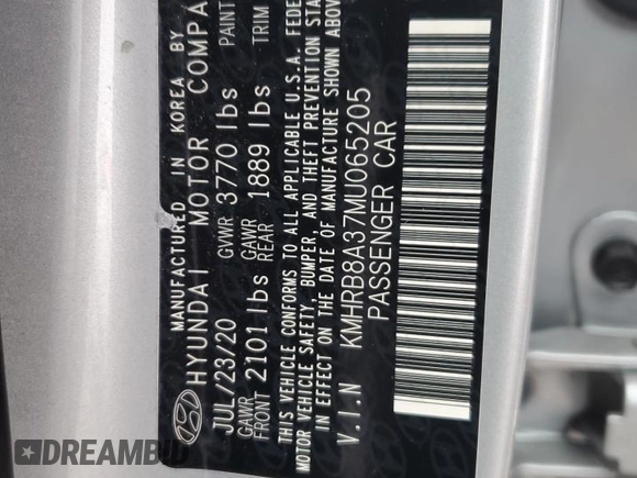 2021 Hyundai Venue SE with VIN KMHRB8A37MU065205, listed as a Copart auction lot 45198245 with 67,103 mi miles and Salvage Title. Bid and sale history available at DreamBid. Image 12.