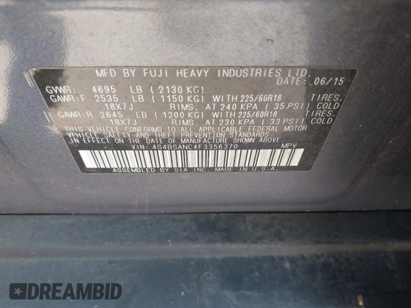 2015 Subaru Outback Limited with VIN 4S4BSANC4F3356370, listed as a IAAI auction lot 41901387 with 115,683 mi miles and . Bid and sale history available at DreamBid. Image 9.