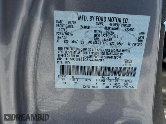 2008 Ford Escape Limited with VIN 1FMCU94108KA04781, listed as a Copart auction lot 43649815 with 131,419 mi miles and Salvage Title. Bid and sale history available at carsss.com. Image 13.