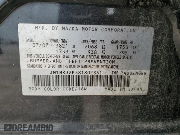 2008 Mazda 3 i Touring with VIN JM1BK32F381802361, listed as a Copart auction lot 55847925 with 205,146 mi miles and Salvage Title. Bid and sale history available at DreamBid. Image 12.