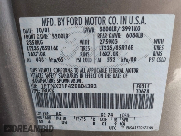 2002 Ford Super Duty F-250 XL with VIN 1FTNX21F42EB04383, listed as a IAAI auction lot 42067964 with 1 mi miles. Bid and sale history available at carsss.com. Image 9.