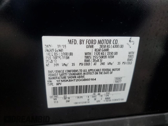 2016 Ford Explorer Platinum with VIN 1FM5K8HT2GGB60164, listed as a Copart auction lot 52878495 with Not provided miles and Salvage title. Bid and sale history available at DreamBid. Image 13.