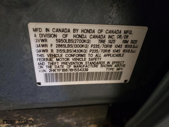 2006 Honda Pilot EX-L with RES with VIN 2HKYF18676H554339, listed as a Copart auction lot 44935225 with 225,171 mi miles and Salvage Title. Bid and sale history available at carsss.com. Image 13.