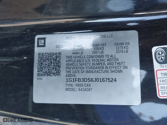 2018 Chevrolet Camaro 1LT with VIN 1G1FB3DS6J0167524, listed as a IAAI auction lot 41583079 with 98,089 mi miles. Bid and sale history available at carsss.com. Image 9.