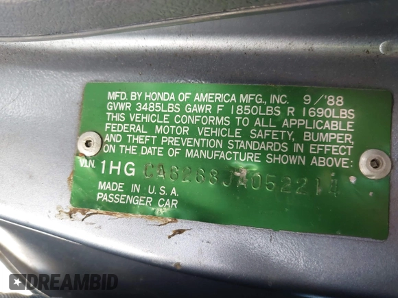 1988 Honda Accord z VIN 1HGCA6268JA052214, wystawiony jako IAAI lot #42519883 z przebiegiem 270 026 mil mil oraz . Historia ofert i sprzedaży dostępna na DreamBid. Obrazek 9.