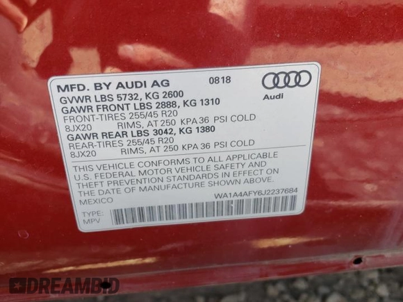 2018 Audi SQ5 Premium Plus with VIN WA1A4AFY6J2237684, listed as a Copart auction lot 52463523 with 70,270 mi miles. Bid and sale history available at carsss.com. Image 13.