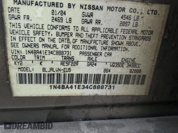 2004 Nissan Maxima SE with VIN 1N4BA41E34C888731, listed as a Copart auction lot 74233304 with 197,764 mi miles and Salvage Title. Bid and sale history available at carsss.com. Image 12.