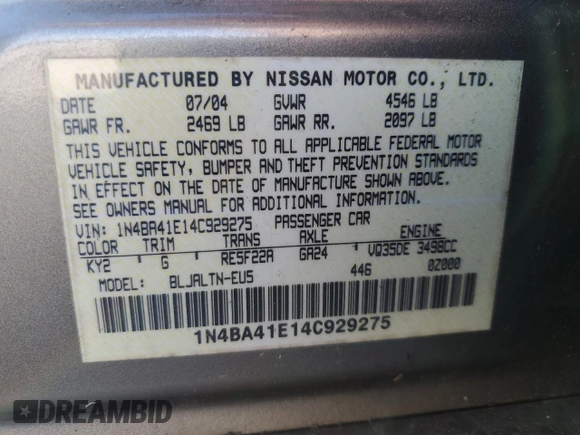 2004 Nissan Maxima SE with VIN 1N4BA41E14C929275, listed as a Copart auction lot 74275624 with 135,549 mi miles and Salvage Title. Bid and sale history available at DreamBid. Image 12.