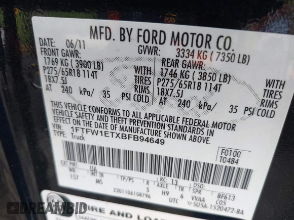 2011 Ford F-150 XLT with VIN 1FTFW1ETXBFB94649, listed as a IAAI auction lot 42509507 with 185,997 mi miles and . Bid and sale history available at DreamBid. Image 9.