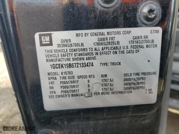 2007 Chevrolet Silverado 1500 Classic LT3 with VIN 1GCEK19B67Z133474, listed as a Copart auction lot 86386474 with 204,660 mi miles and Salvage Title. Bid and sale history available at carsss.com. Image 12.