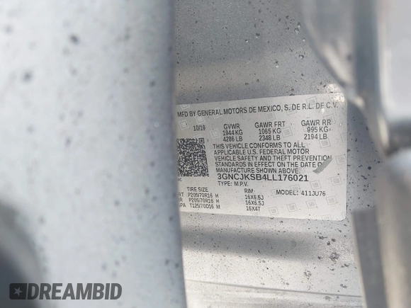 2020 Chevrolet Trax LS with VIN 3GNCJKSB4LL176021, listed as a IAAI auction lot 42367684 with 103,854 mi miles and . Bid and sale history available at DreamBid. Image 9.