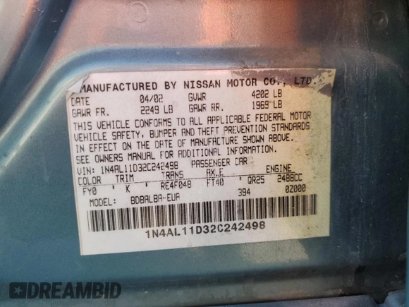 2002 Nissan Altima S with VIN 1N4AL11D32C242498, listed as a Copart auction lot 47541535 with 207,024 mi miles and Salvage Title. Bid and sale history available at carsss.com. Image 15.