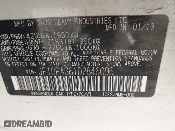 2013 Subaru Impreza Limited с VIN JF1GPAG61D2846096, выставлен на аукционе IAAI как лот 41343673 с пробегом 142 605 миль миль и . История ставок и продаж доступна на DreamBid. Изображение 9.