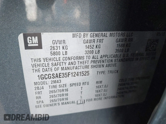 2015 Chevrolet Colorado 2WD WT with VIN 1GCGSAE35F1241525, listed as a IAAI auction lot 41589032 with 73,368 mi miles and . Bid and sale history available at DreamBid. Image 9.