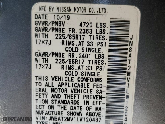 2020 Nissan Rogue SV with VIN JN8AT2MV1LW120487, listed as a Copart auction lot 83599794 with 57,109 mi miles and Salvage Title. Bid and sale history available at carsss.com. Image 13.