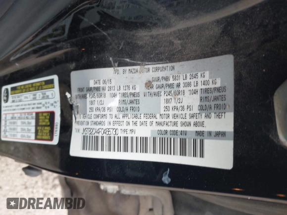 2015 Mazda CX-9 Touring with VIN JM3TB2CA4F0465730, listed as a IAAI auction lot 42512203 with 179,805 mi miles and . Bid and sale history available at DreamBid. Image 9.