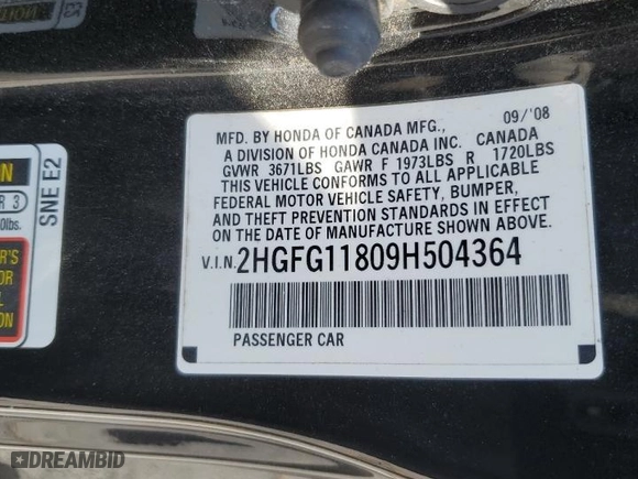 2009 Honda Civic Cpe EX with VIN 2HGFG11809H504364, listed as a Copart auction lot 53227405 with 288,077 mi miles and Salvage Title. Bid and sale history available at carsss.com. Image 12.