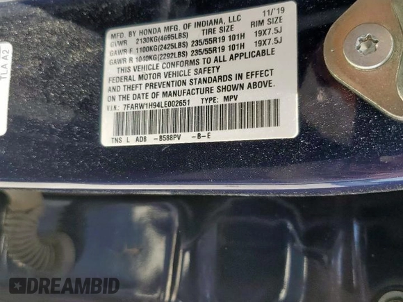 2020 Honda CR-V Touring with VIN 7FARW1H94LE002651, listed as a Copart auction lot 65023475 with 65,507 mi miles and Salvage title. Bid and sale history available at DreamBid. Image 13.