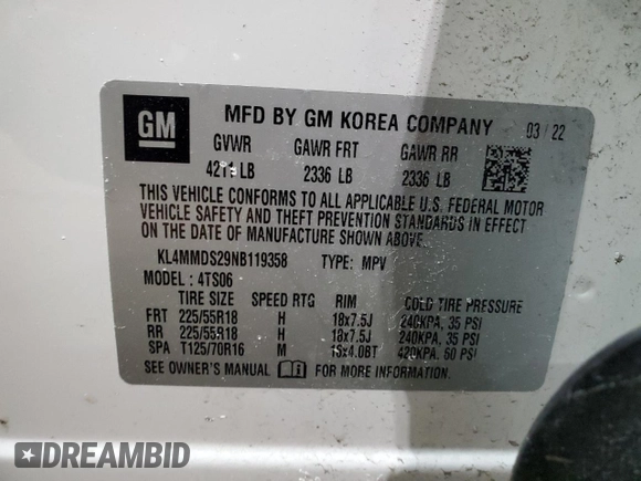 2022 Buick Encore GX Select with VIN KL4MMDS29NB119358, listed as a Copart auction lot 41794895 with 37,264 mi miles and Non repairable. Bid and sale history available at DreamBid. Image 15.