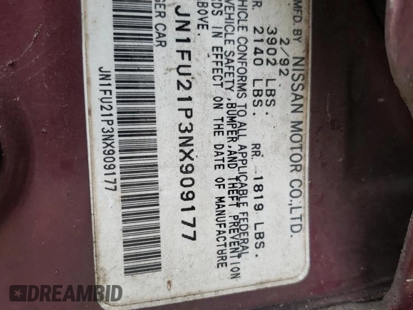 1992 Nissan Stanza GXE с VIN JN1FU21P3NX909177, выставлен на аукционе Copart как лот 83811334 с пробегом 67 101 миль миль и Списание • Salvage title. История ставок и продаж доступна на DreamBid. Изображение 14.