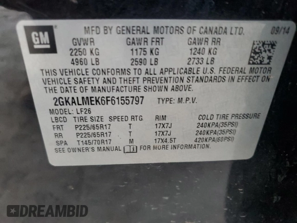2015 GMC Terrain SLE z VIN 2GKALMEK6F6155797, wystawiony jako Copart lot #86691734 z przebiegiem 179 923 mil mil oraz Szkoda całkowita • Salvage title. Historia ofert i sprzedaży dostępna na DreamBid. Obrazek 15.