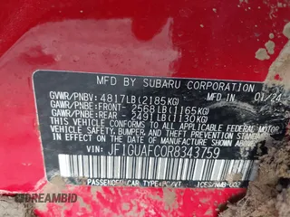 2024 Subaru Impreza Sport with VIN JF1GUAFC0R8343759, listed as a IAAI auction lot 41133565 with 14,196 mi miles. Bid and sale history available at carsss.com. Image 9.