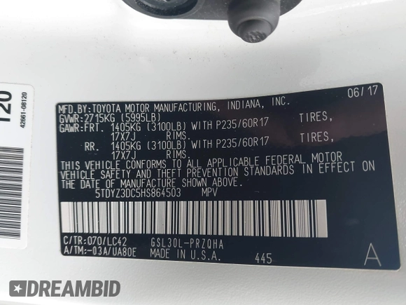 2017 Toyota Sienna XLE Auto Access Seat с VIN 5TDYZ3DC5HS864503, выставлен на аукционе IAAI как лот 42176788 с пробегом 113 755 миль миль и . История ставок и продаж доступна на DreamBid. Изображение 9.