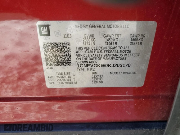 2019 Chevrolet Traverse LT Cloth with VIN 1GNEVGKW0KJ203170, listed as a Copart auction lot 43367475 with 107,308 mi miles and Salvage Title. Bid and sale history available at carsss.com. Image 13.