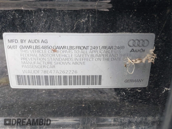 2007 Audi A4 2.0T with VIN WAUDF78E47A262226, listed as a IAAI auction lot 42255207 with 214,199 mi miles and . Bid and sale history available at DreamBid. Image 9.
