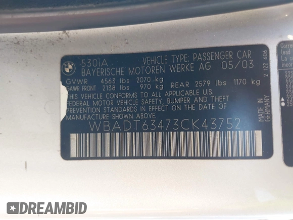 2003 BMW 5 Series 530iA with VIN WBADT63473CK43752, listed as a IAAI auction lot 41715507 with 1 mi miles. Bid and sale history available at carsss.com. Image 9.