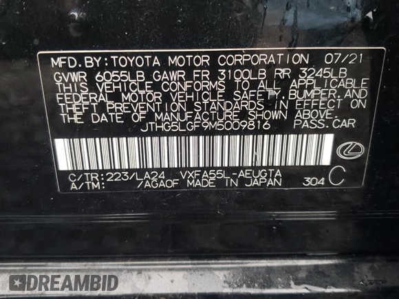 2021 Lexus LS с VIN JTHG5LGF9M5009816, выставлен на аукционе Copart как лот 45012835 с пробегом Не указан миль и Чистый • Clean title. История ставок и продаж доступна на DreamBid. Изображение 12.
