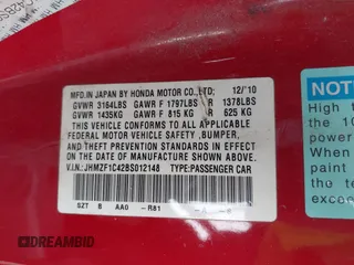 2011 Honda CR-Z with VIN JHMZF1C42BS012148, listed as a IAAI auction lot 41576057 with 222,737 mi miles and . Bid and sale history available at DreamBid. Image 9.