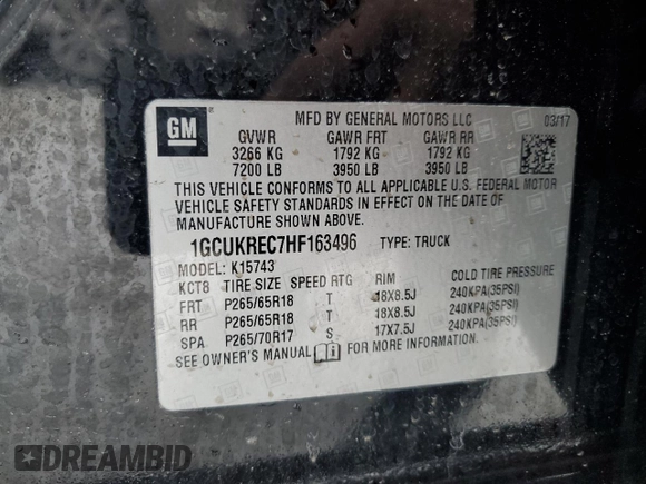 2017 Chevrolet Silverado 1500 LT with VIN 1GCUKREC7HF163496, listed as a Copart auction lot 89000345 with 89,827 mi miles and Non Repairable. Bid and sale history available at DreamBid. Image 12.